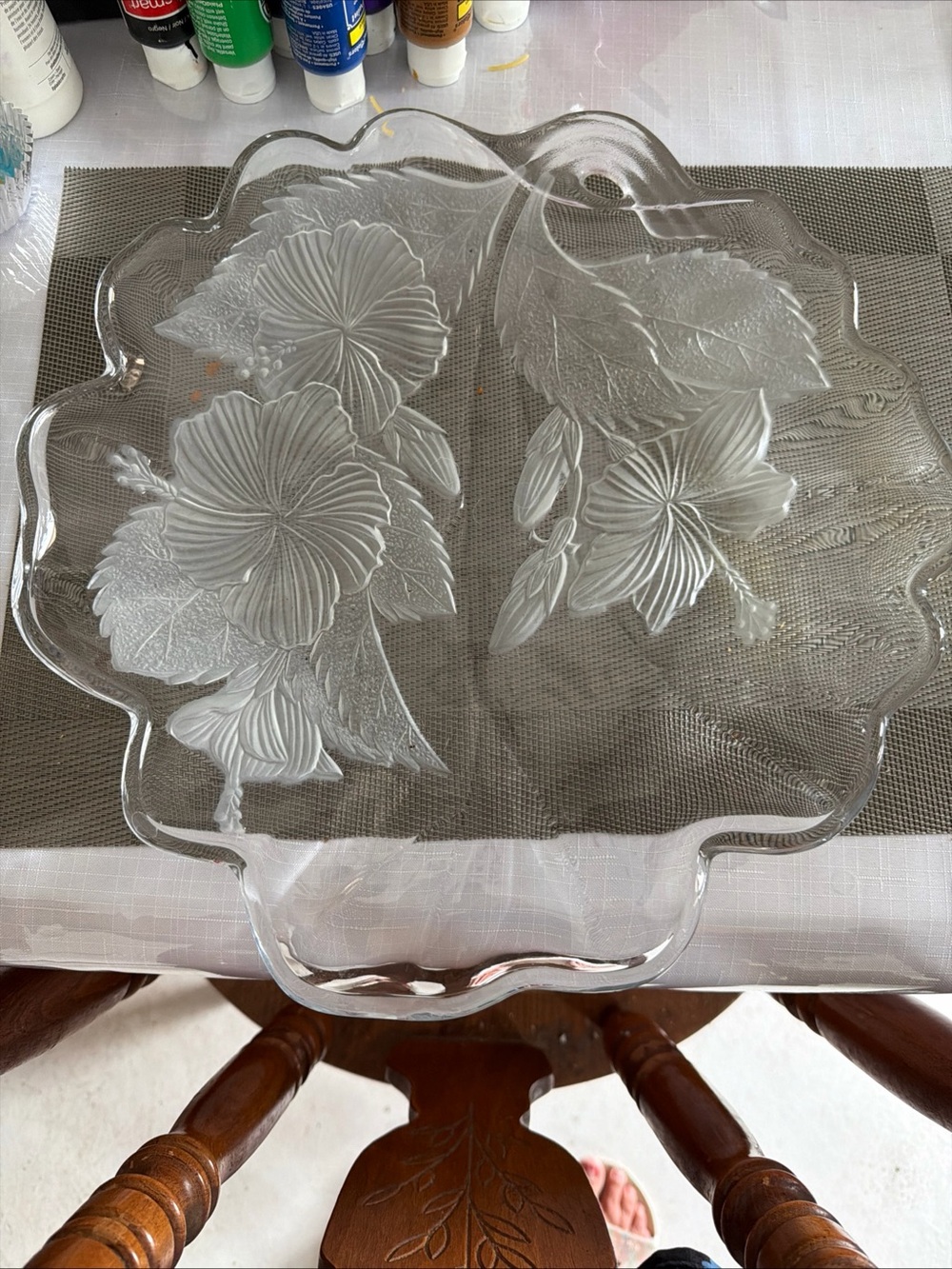 Frosted hibiscus 12” Clear Floral Glass Serving Platter - Elegant Home Dining